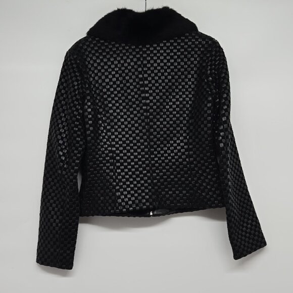 Vintage St. John Black Textured Women's Jacket With Rabbit Fur Collar Zipper M - Picture 15 of 16